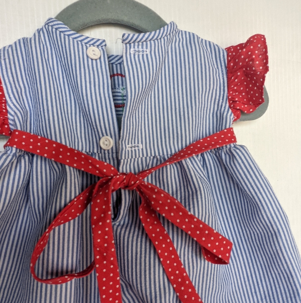 VINTAGE baby girl blue white seersucker flower applique romper - Picture 5 of 8